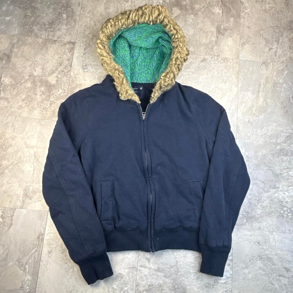 Y2K Navy Blue American Eagle Fur Lined Zip Up Hoodie XL